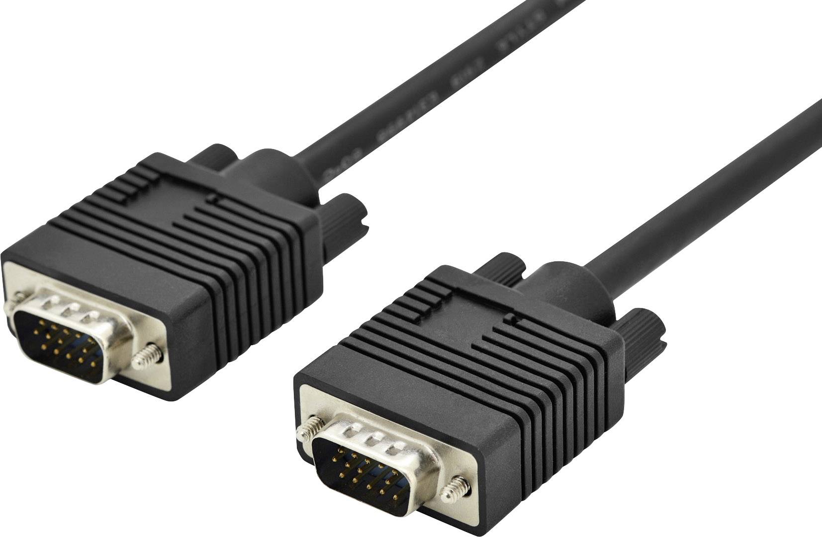 Black VGA cable with two connectors, each containing multiple pins, for connecting video signals.