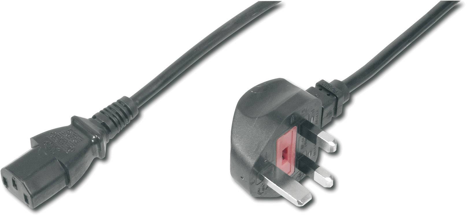 A black power cable with a three-pin plug on the left and a UK plug on the right against a white background.