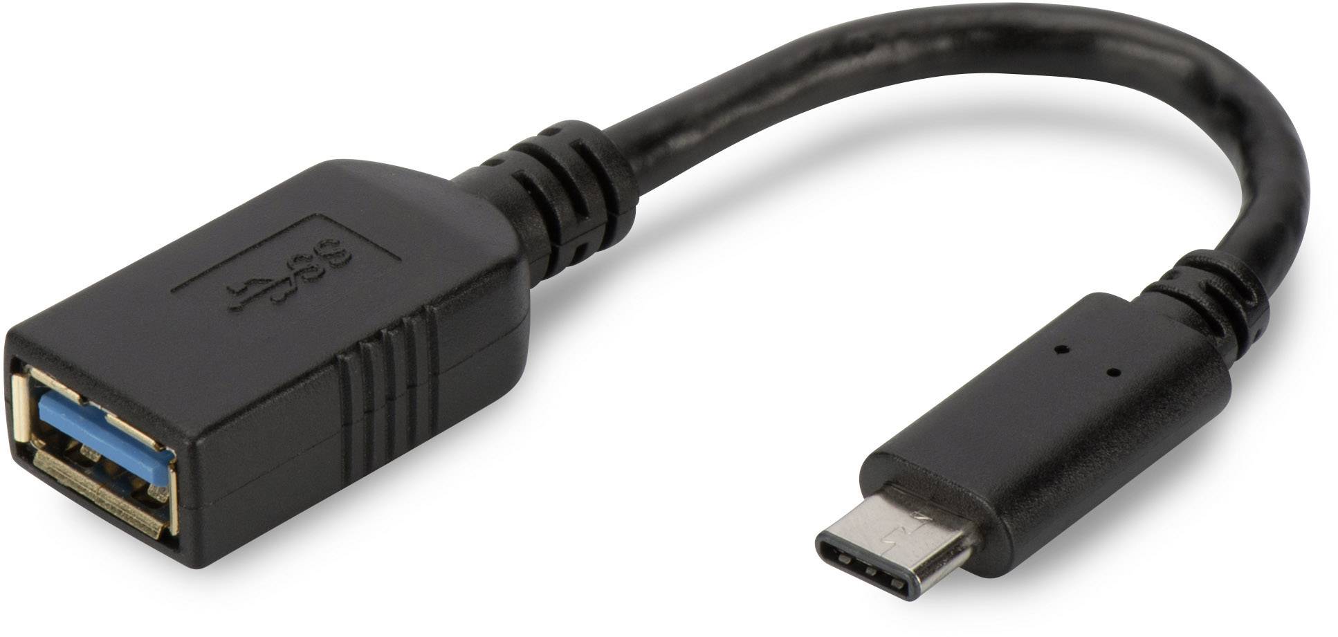 USB-C to USB-A adapter cable, black, showing both ends with their respective connectors. Suitable for connecting devices with USB-C and USB-A ports.