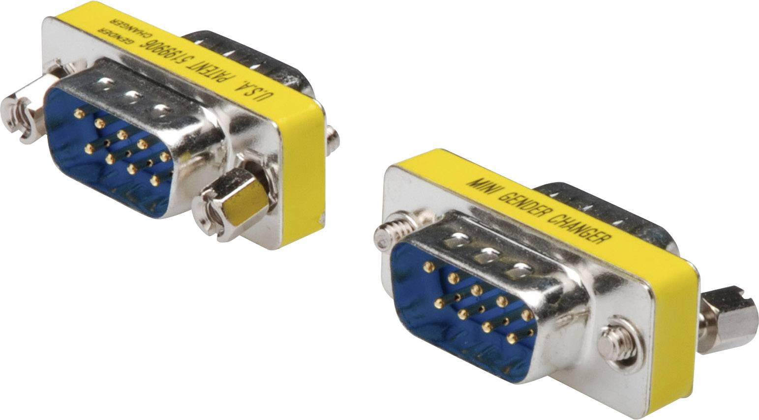 Two yellow mini gender changers for RS-232 ports. Both adapters have blue connectors with male pins.