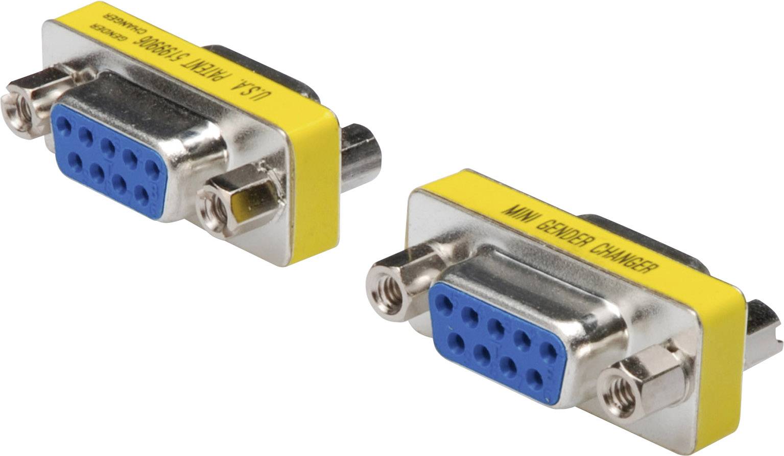 Two VGA plugs with yellow casings and blue connectors, one with male pins and one with female pins for a gender changer.
