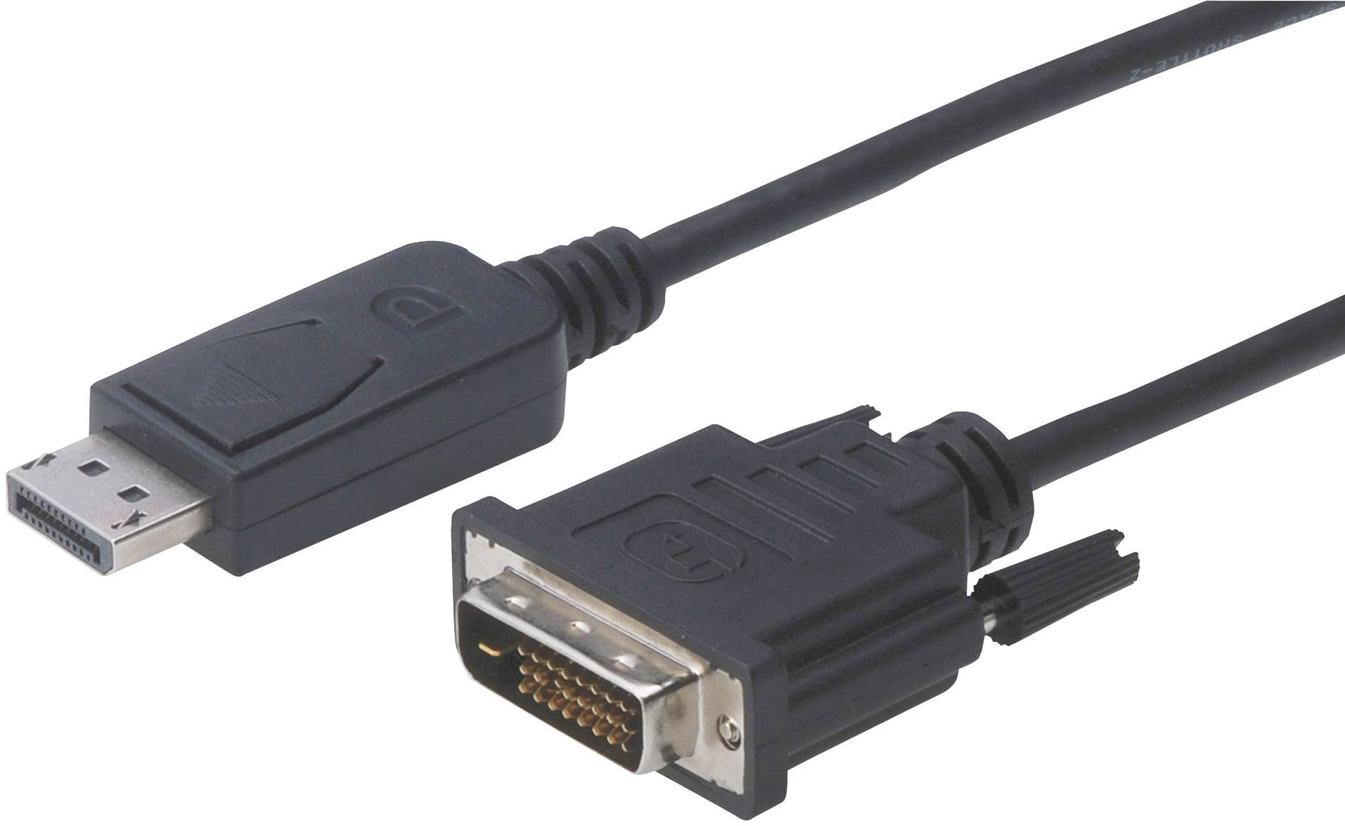 DisplayPort to DVI adapter cable with black sheathing. Used for connecting computer graphics cards with DVI-compatible monitors.