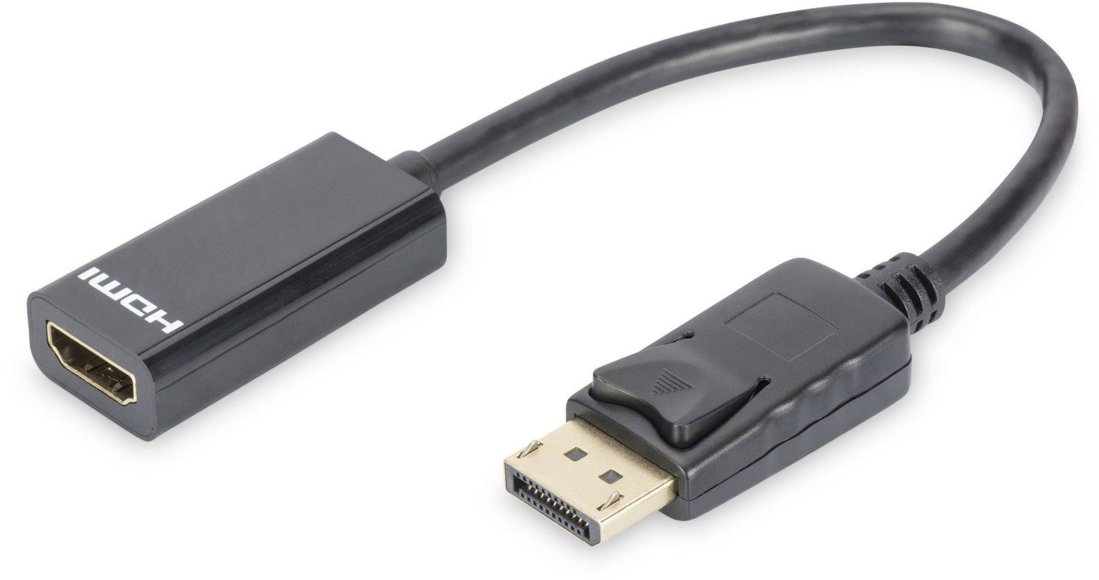 A black adapter cable with an HDMI port on one side and a DisplayPort port on the other side.