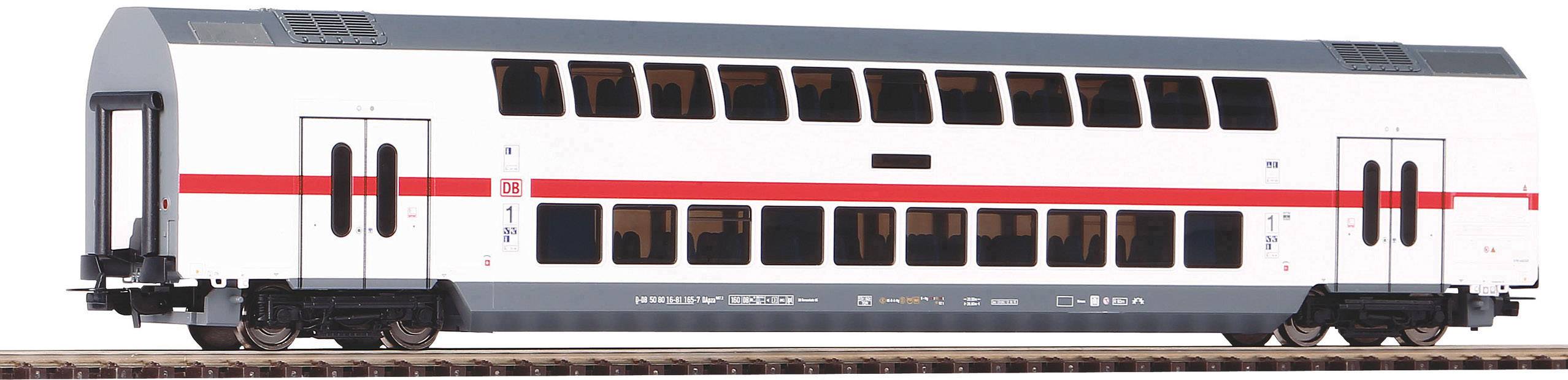 A two-storey modern train carriage with red stripes and large windows stands on railway tracks, providing space for passengers.