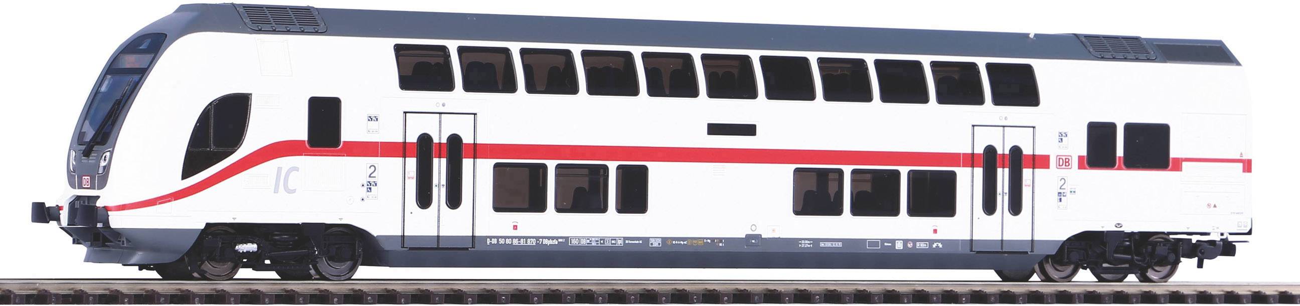 Two-storey white train with a red stripe and IC symbol, standing on railway tracks. Windows on both levels.