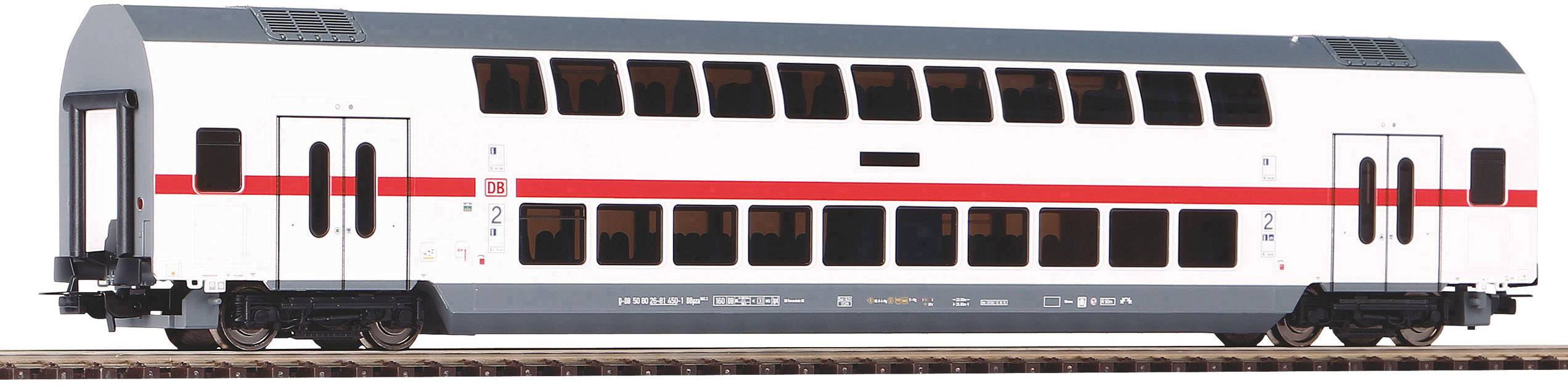 Model of a white double-decker train carriage with a red stripe, standing on a track, showing windows and doors on the upper and lower levels.