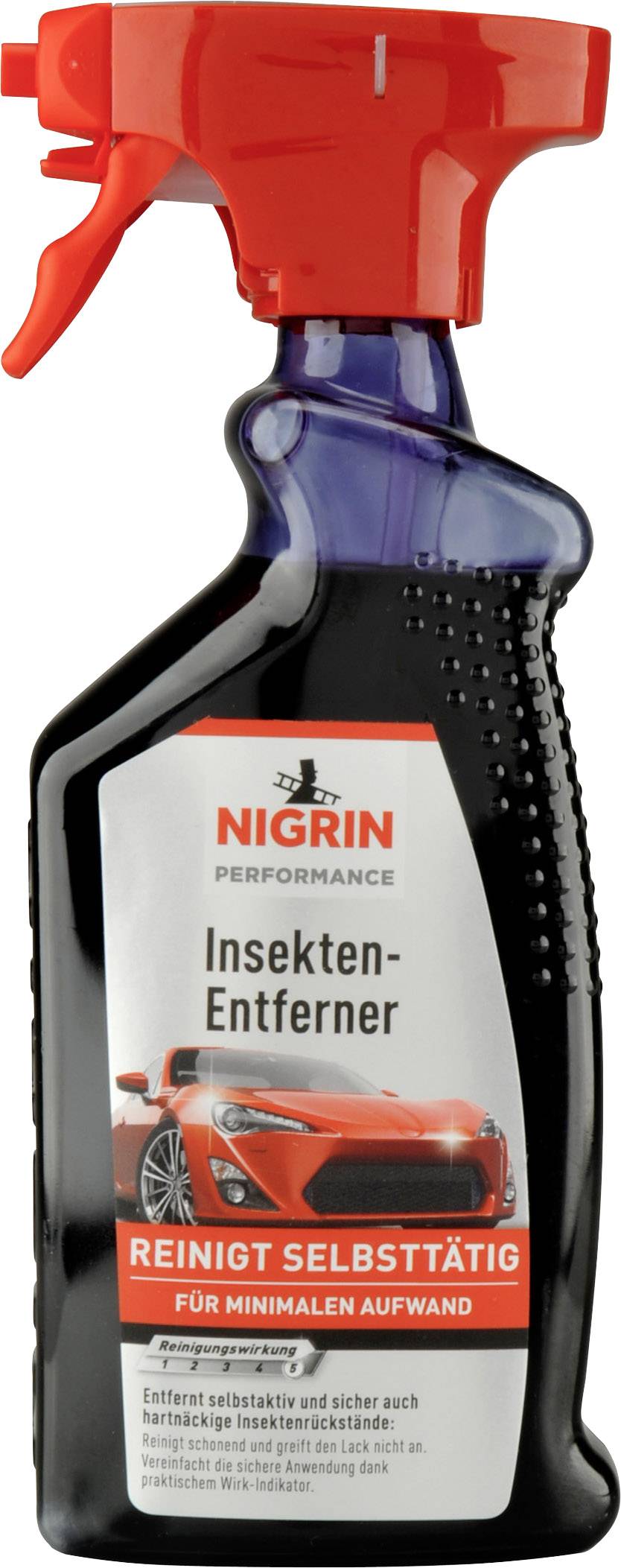 Spray bottle containing 'Nigrin Insect Remover'. Label features a red sports car image. Cleans independently with minimal effort.