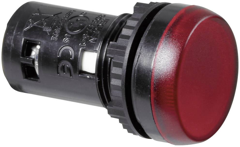 Red round plastic push button with black housing, suitable for industrial control applications.