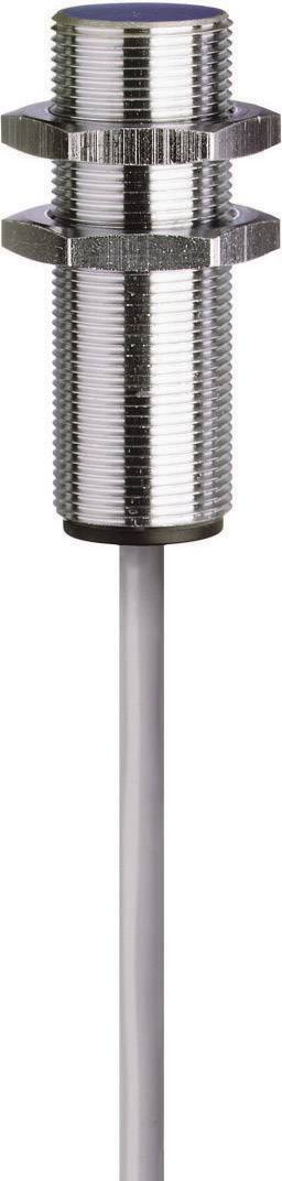 Metal sensor in cylindrical form with thread, connected to a cable. Frequently used in industrial applications.