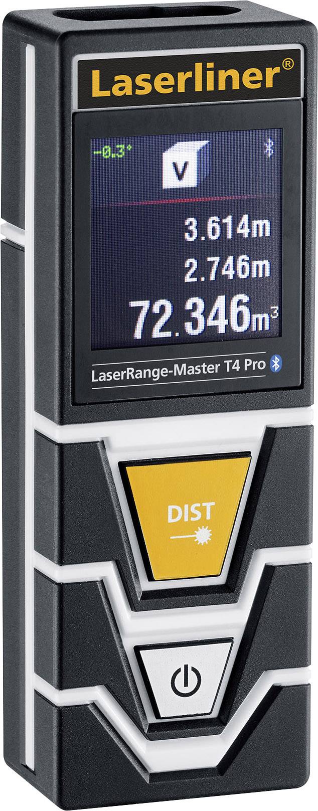 'Laserliner' Laser Distance Meter 'LaserRange-Master T4 Pro' displays measurements on screen: 3.614 m, 2.746 m, 72.346 m³ at -8.3° gradient.