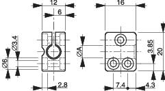 Technical drawing of a metal part with dimensions. Left: oval cross-section, 12 mm wide. Right: top view with four screw holes.
