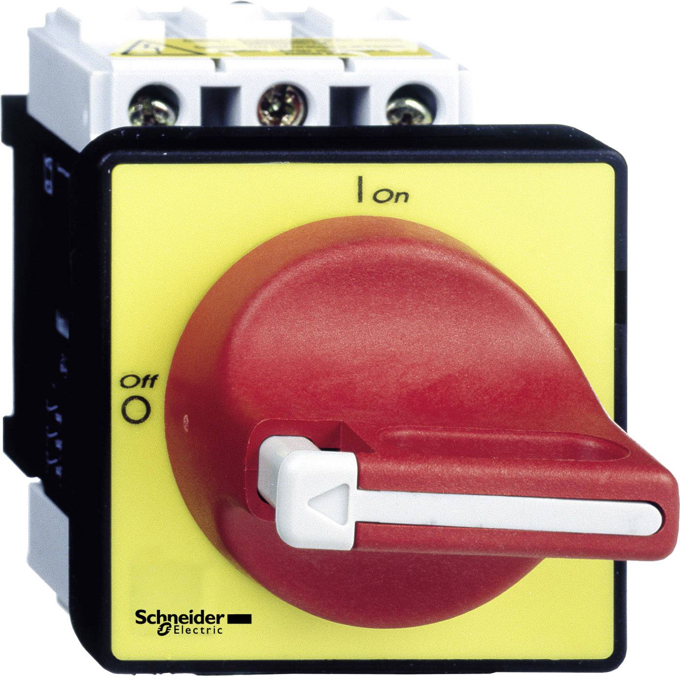 Rotary switch with red lever on yellow background. Positions: 'Off' and 'On'. Marked with 'Schneider Electric'.