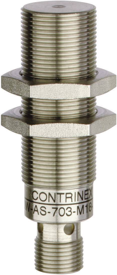 A cylindrical, metallic sensor by Contrinex with threading and two lock nuts, model 'DW-AS-703-M18'.