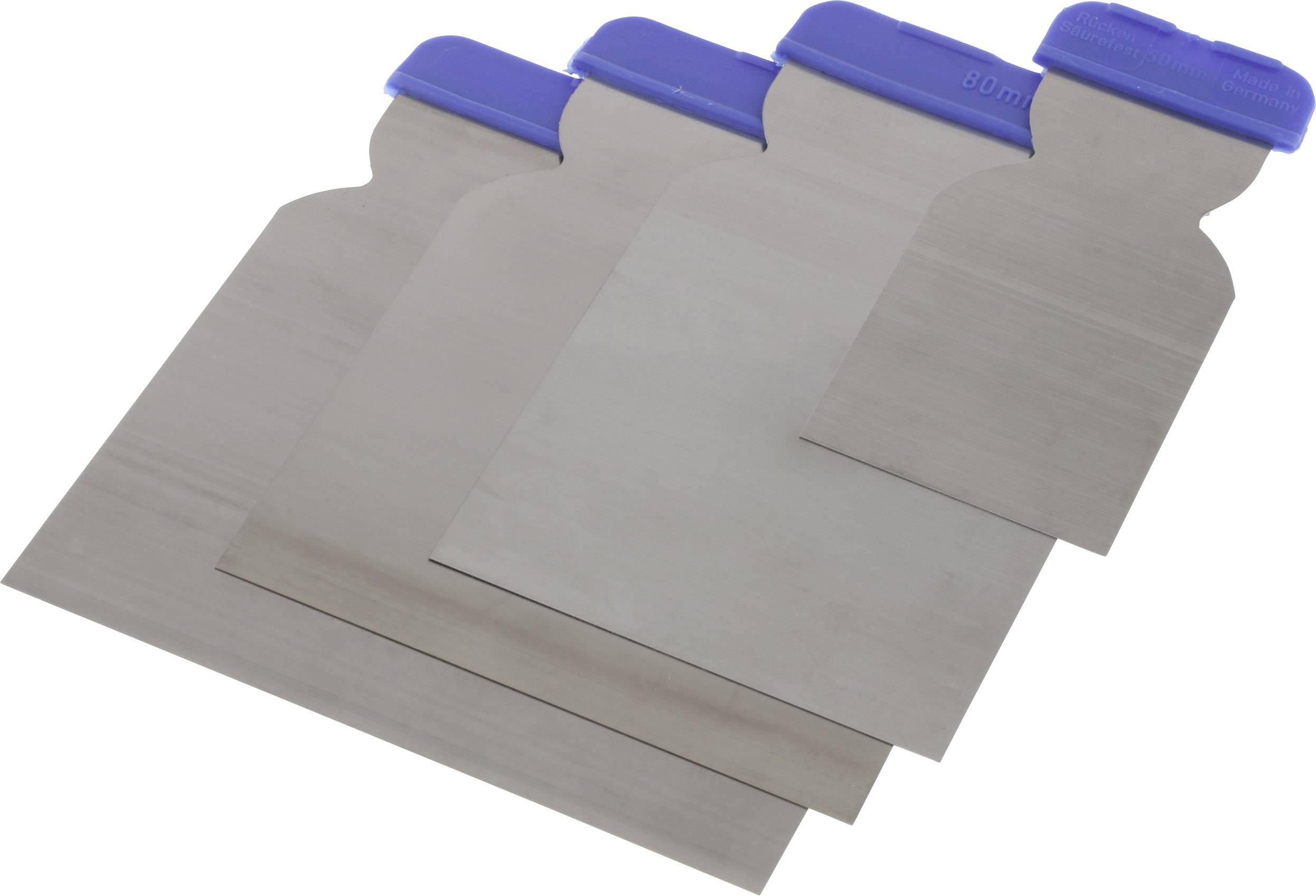 Metal spatulas with blue handles in various sizes, lying side by side, are used for painting and repair work.
