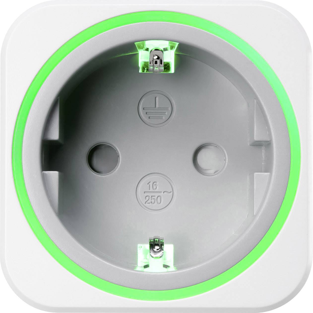 Socket with a green illuminated ring indicating operational readiness. It is round and has indentations for a Schuko socket.
