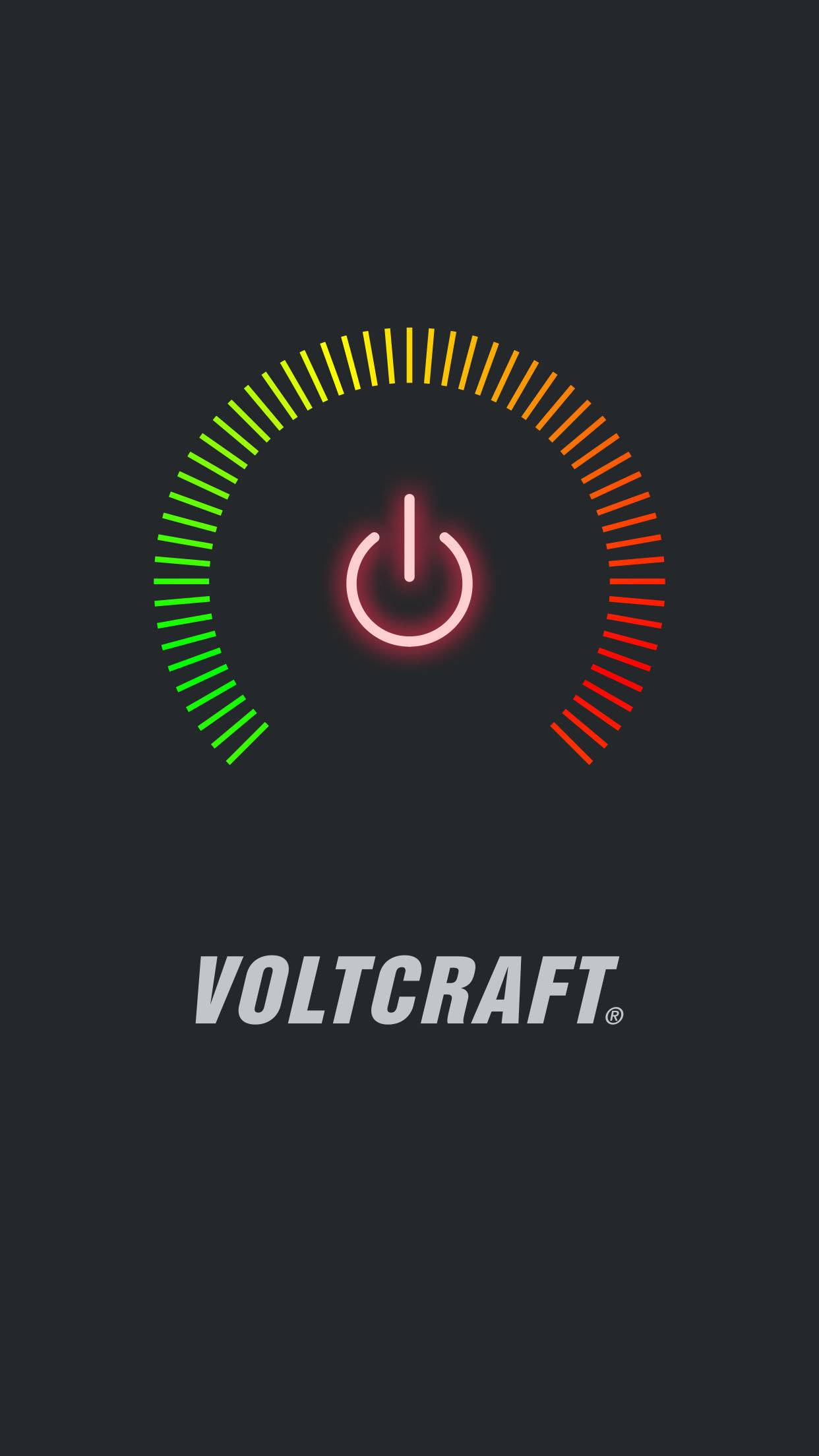 A glowing network switch in the centre of a semicircular, multi-coloured bar ranging from green to red. Below it reads 'VOLTCRAFT'.