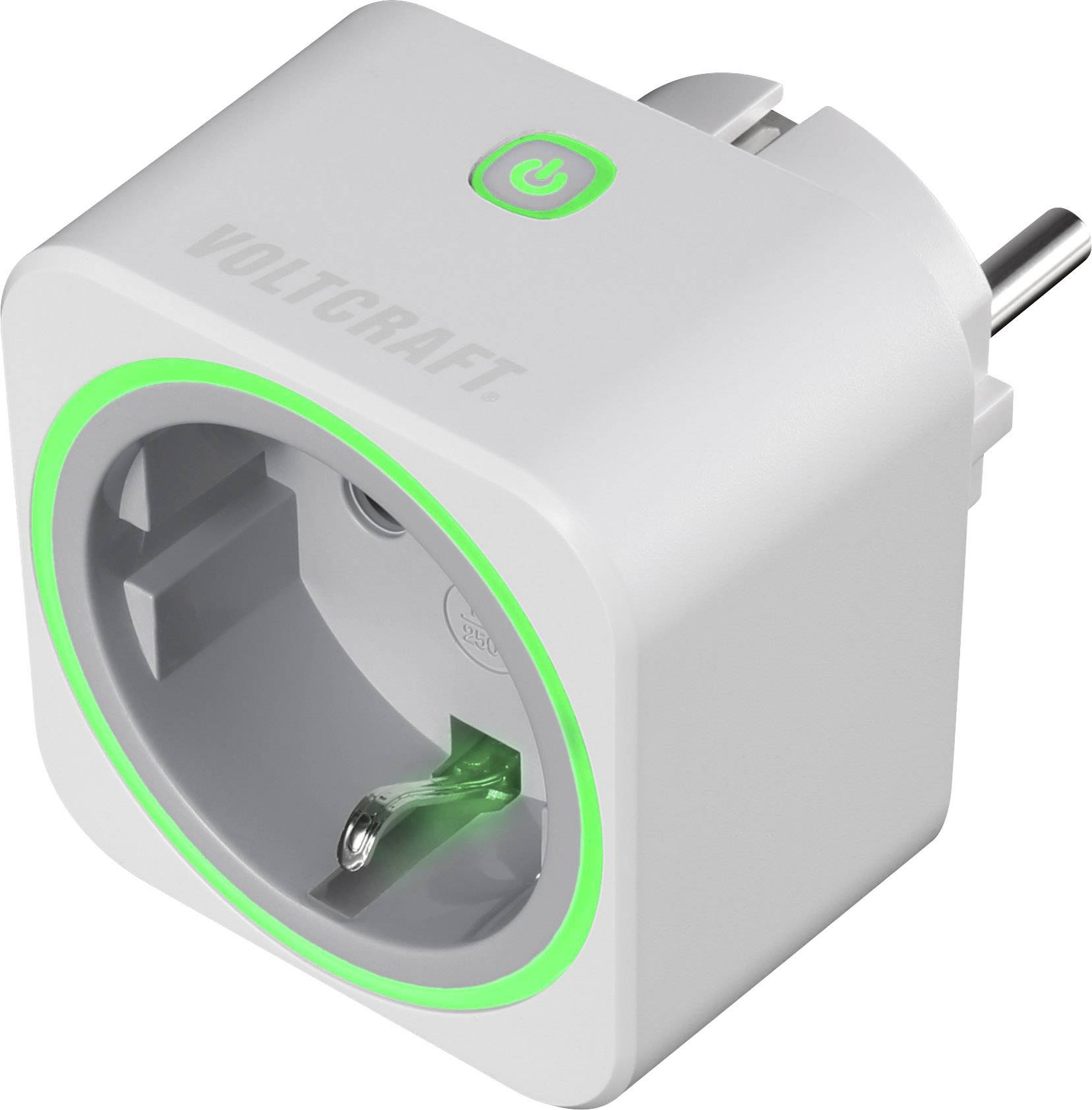 A white plug adapter with a green illumination ring and an on/off switch on top. Suitable for energy saving and remote control.