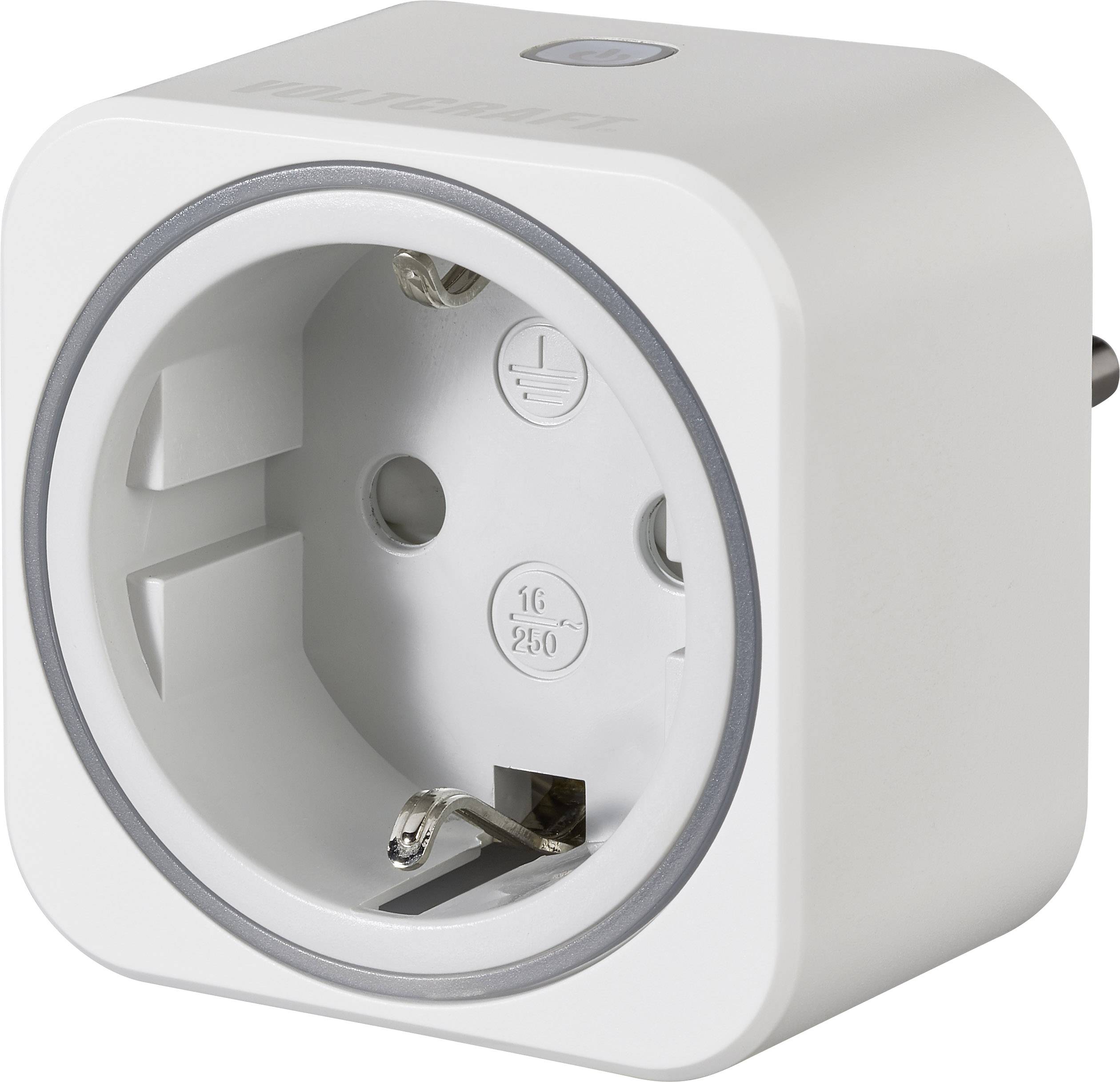 White, square smart plug with rounded edges, suitable for use in Germany. A button is visible on the top.