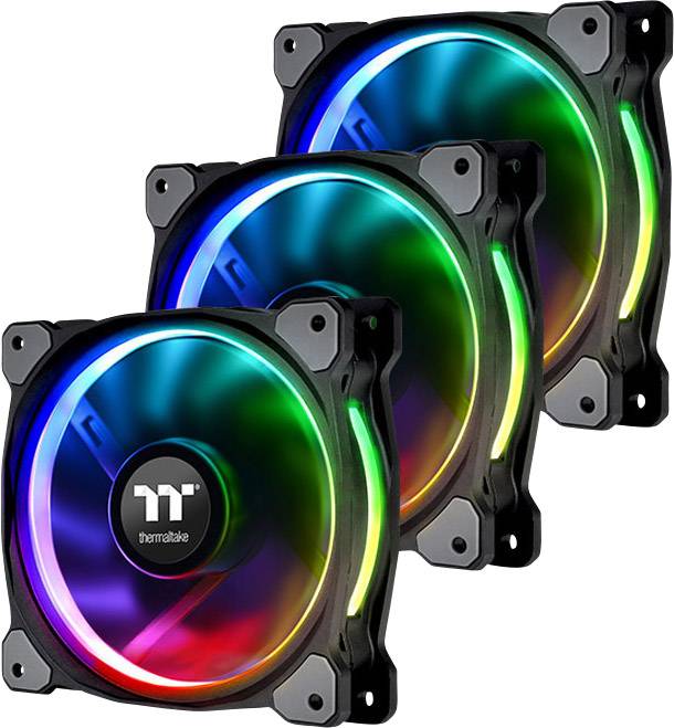 Three illuminated computer fans with RGB LEDs, arranged geometrically. They are black with colourful lights along the edges.