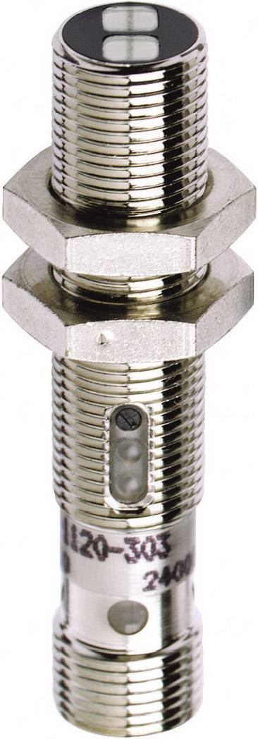 Cylindrical metal inductive proximity sensor with two hexagonal nuts, suitable for detecting objects in industrial applications.