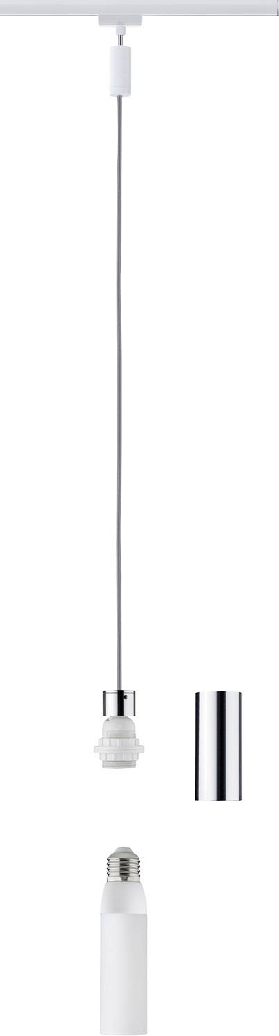 Lighting system with white cable and modular design, comprising two interchangeable light suspension units.
