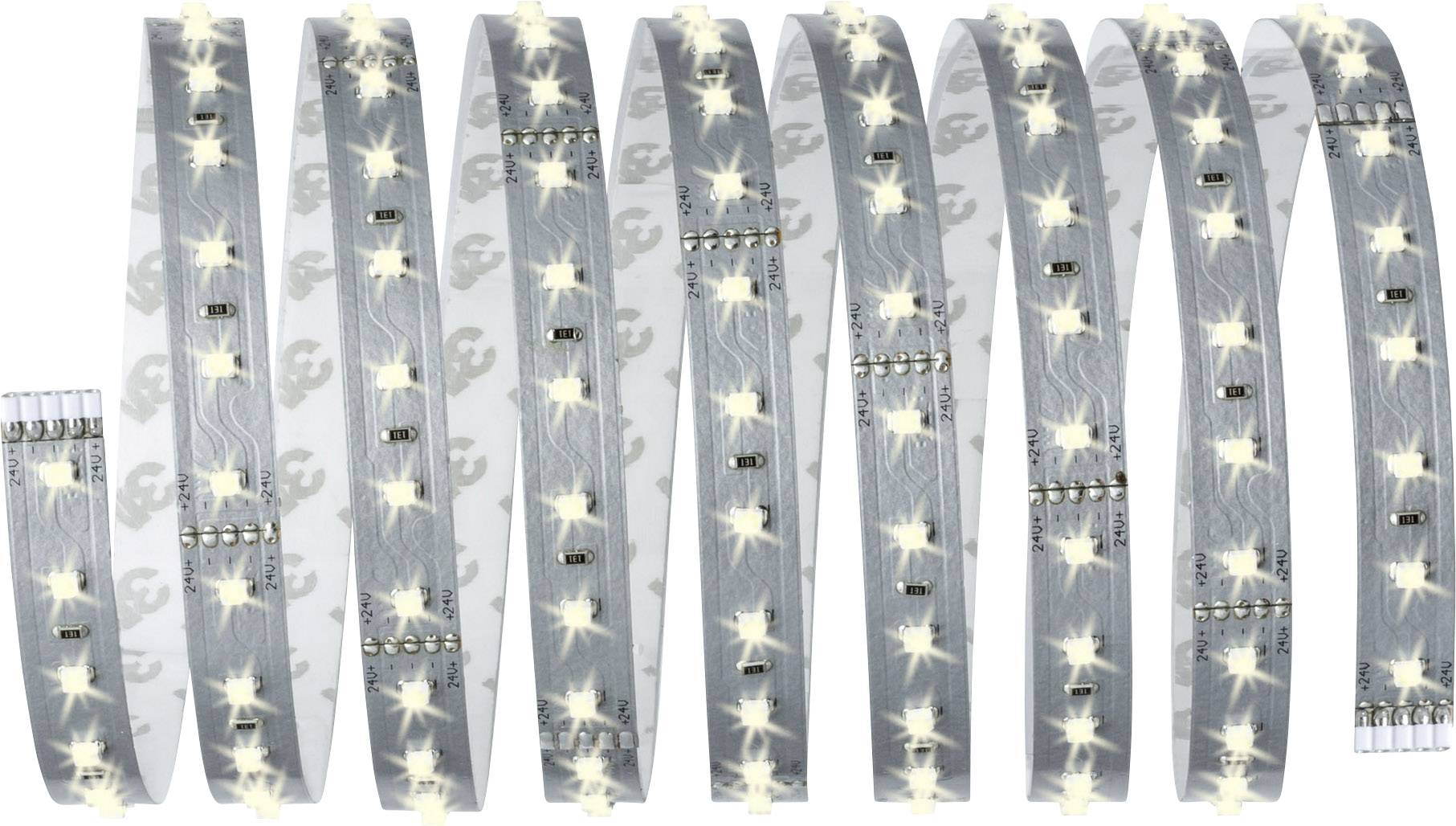 A strip of white LED light band with glowing diodes, unrolled in gentle curves.