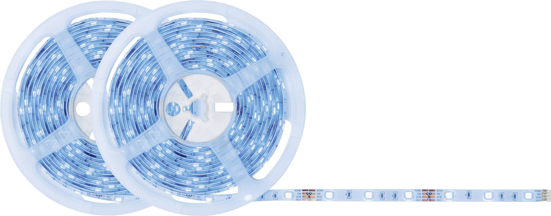 Two rolls of blue LED strips on a white background, unrolled to the right. The strips are glowing blue and display evenly distributed LEDs.