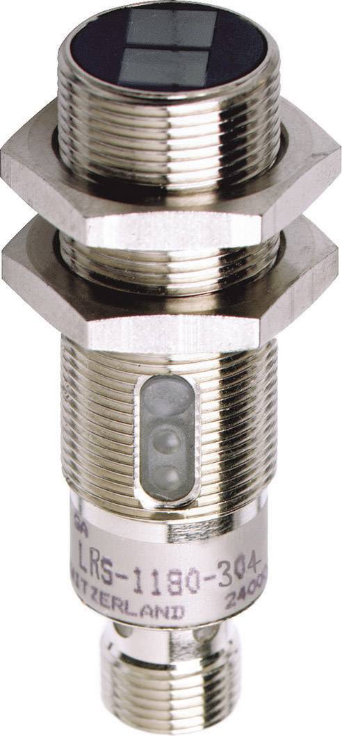 A cylindrical proximity sensor made of metal with a glass window at the front, suitable for industrial applications.