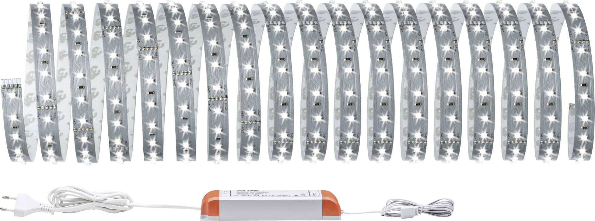 Rolled-up LED light strip with a starry pattern, connected to a mains adapter. Ideal for interior decoration.