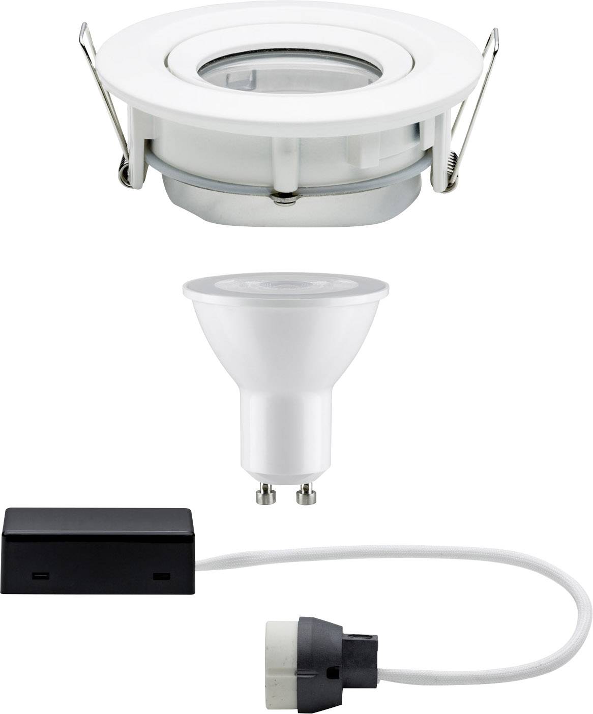 Recessed spotlight set comprising a white spotlight with GU10 fitting, an LED bulb, and matching connection cable.