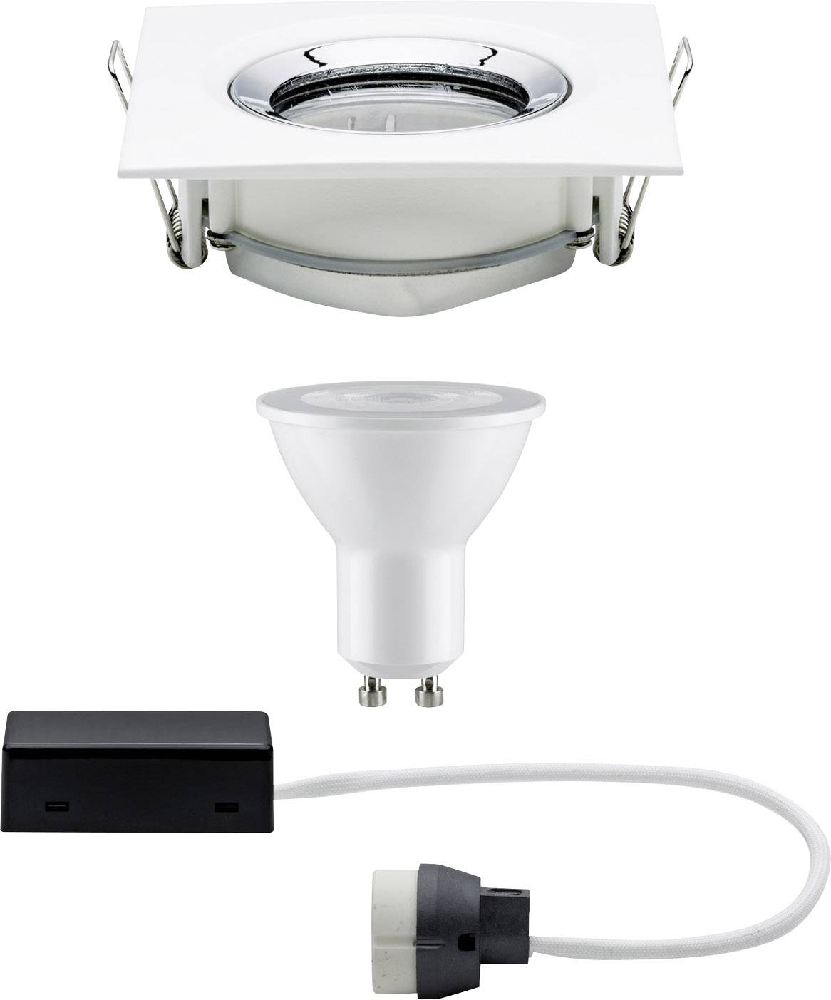 Recessed spotlight set comprising a white square fitting, a GU10 LED spot, and an adapter cable with plug.