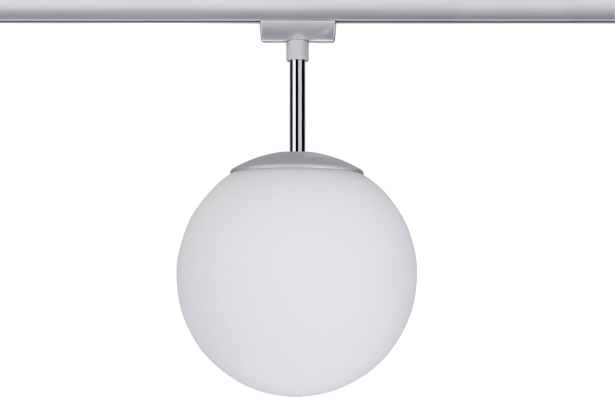 A round, white ceiling light with a modern design hangs from a metal rod.