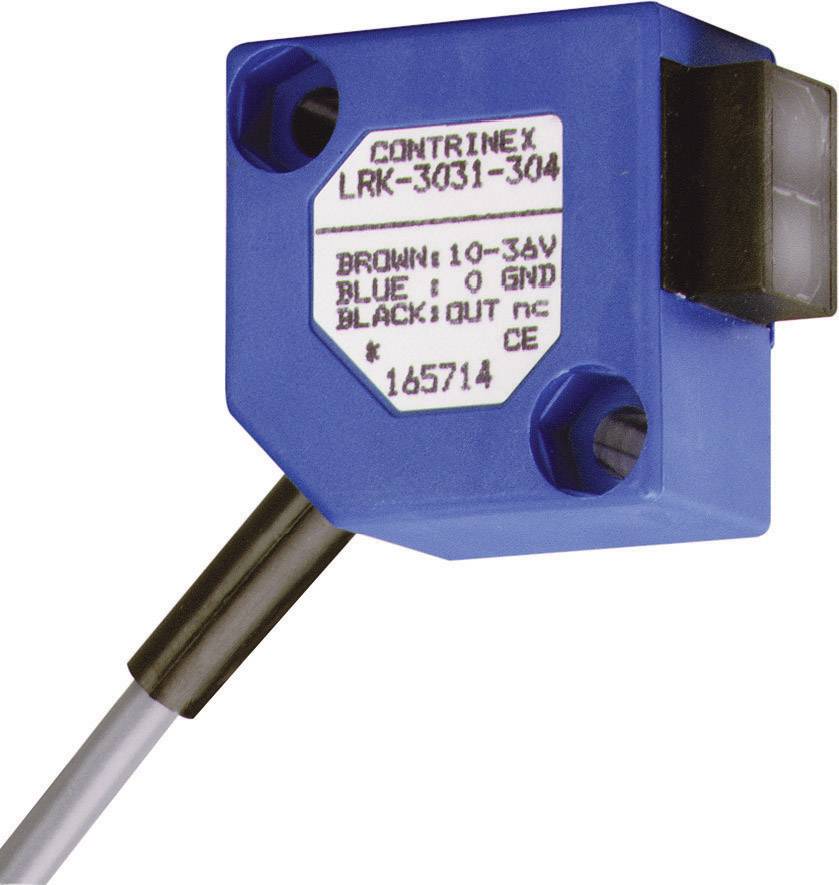 A blue sensor with a white label reading 'CONTRINEX LRK-3031-304'. Cables in brown, blue, and black for connections.