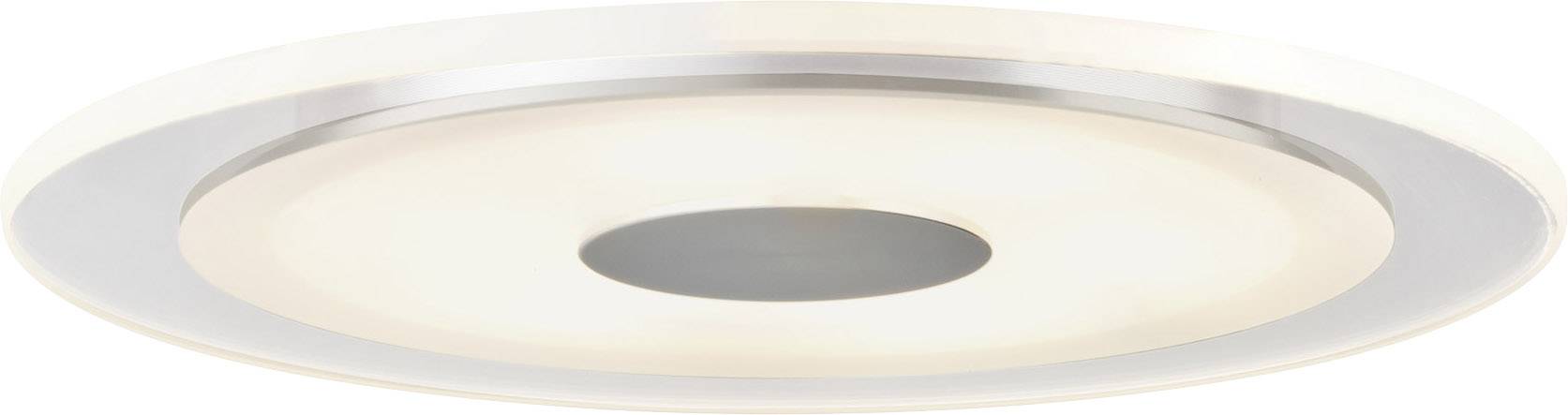 Round ceiling light with a silver rim and a diffused white cover, providing uniform room illumination.