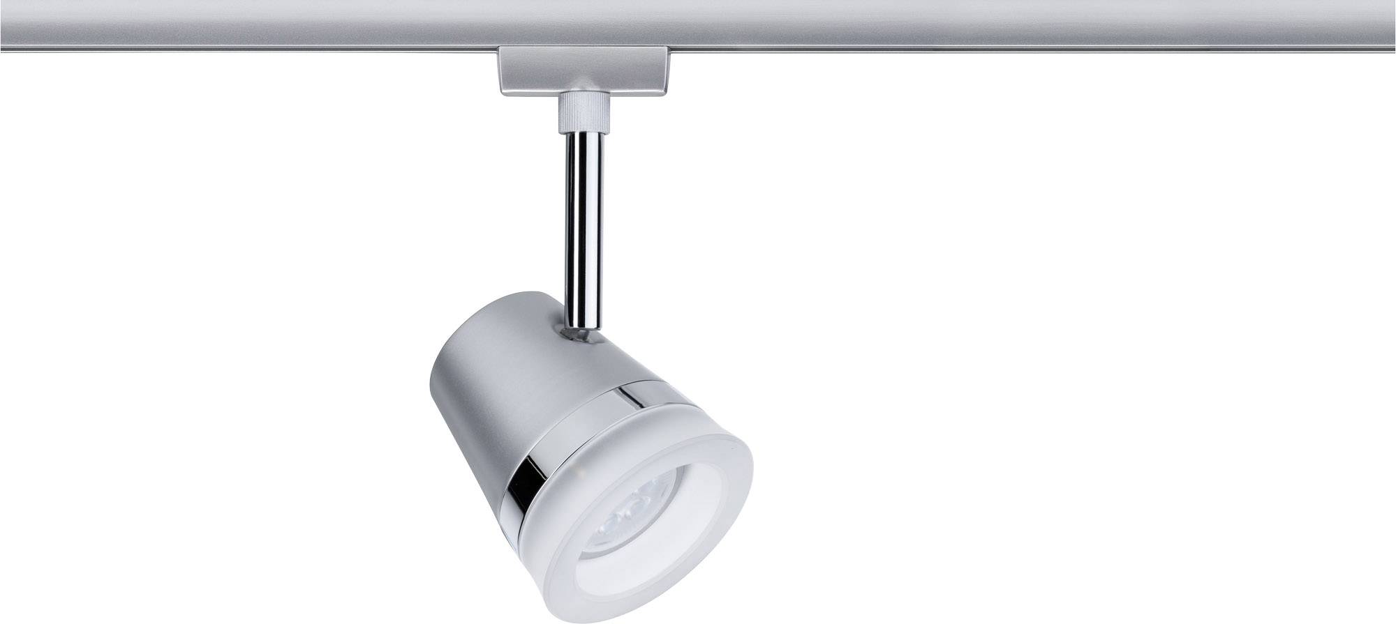 A silver ceiling track with a single, cylindrical LED spotlight directed downwards.