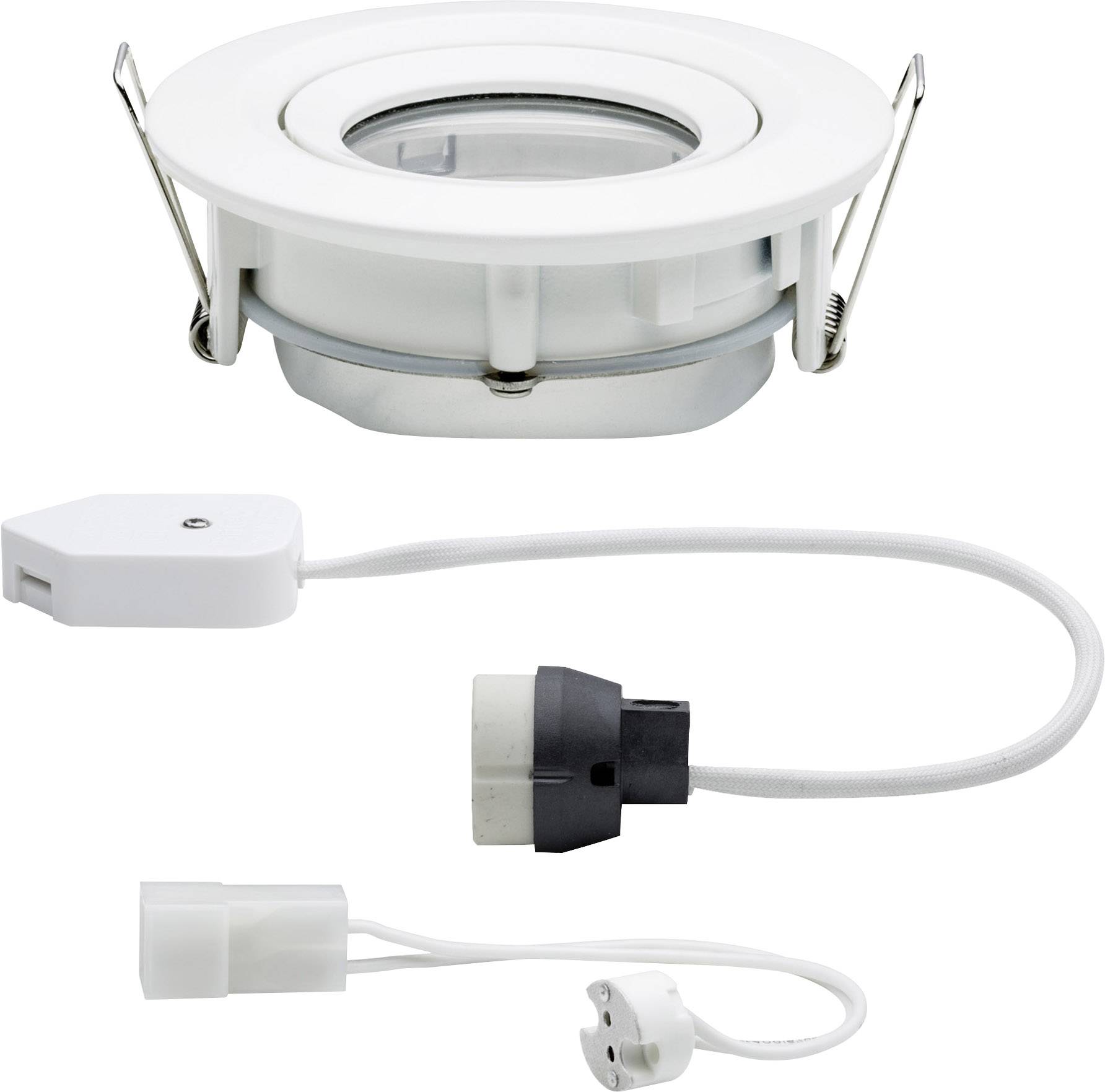 A white LED recessed ceiling spotlight with cable and plug is shown. The spotlight has metal clips for easy mounting.