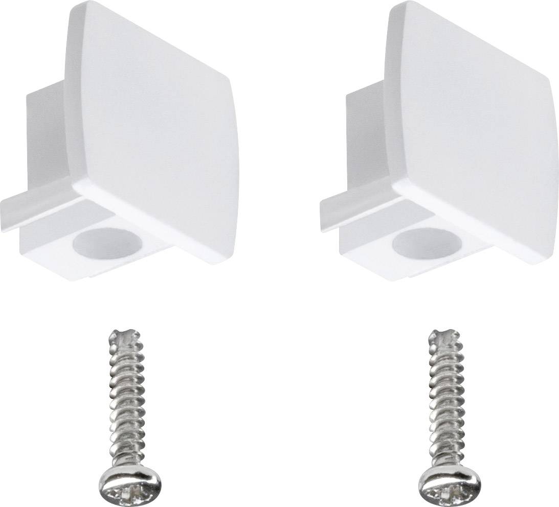 Two white end caps and matching screws, which are accessories used for mounting LED profiles.