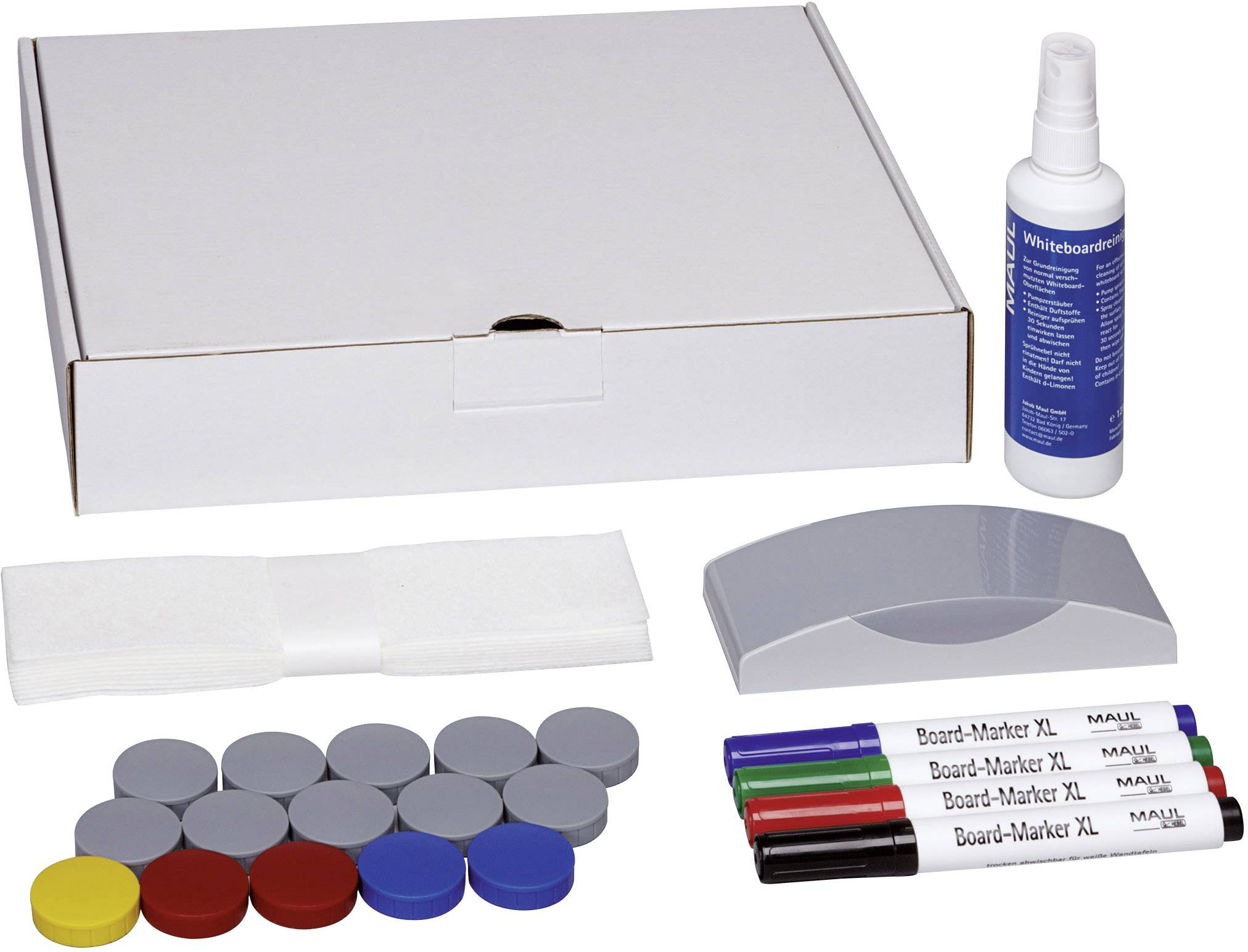 A whiteboard accessory set with markers, magnets, an eraser, cleaning wipes, cleaning solution, and a storage box.
