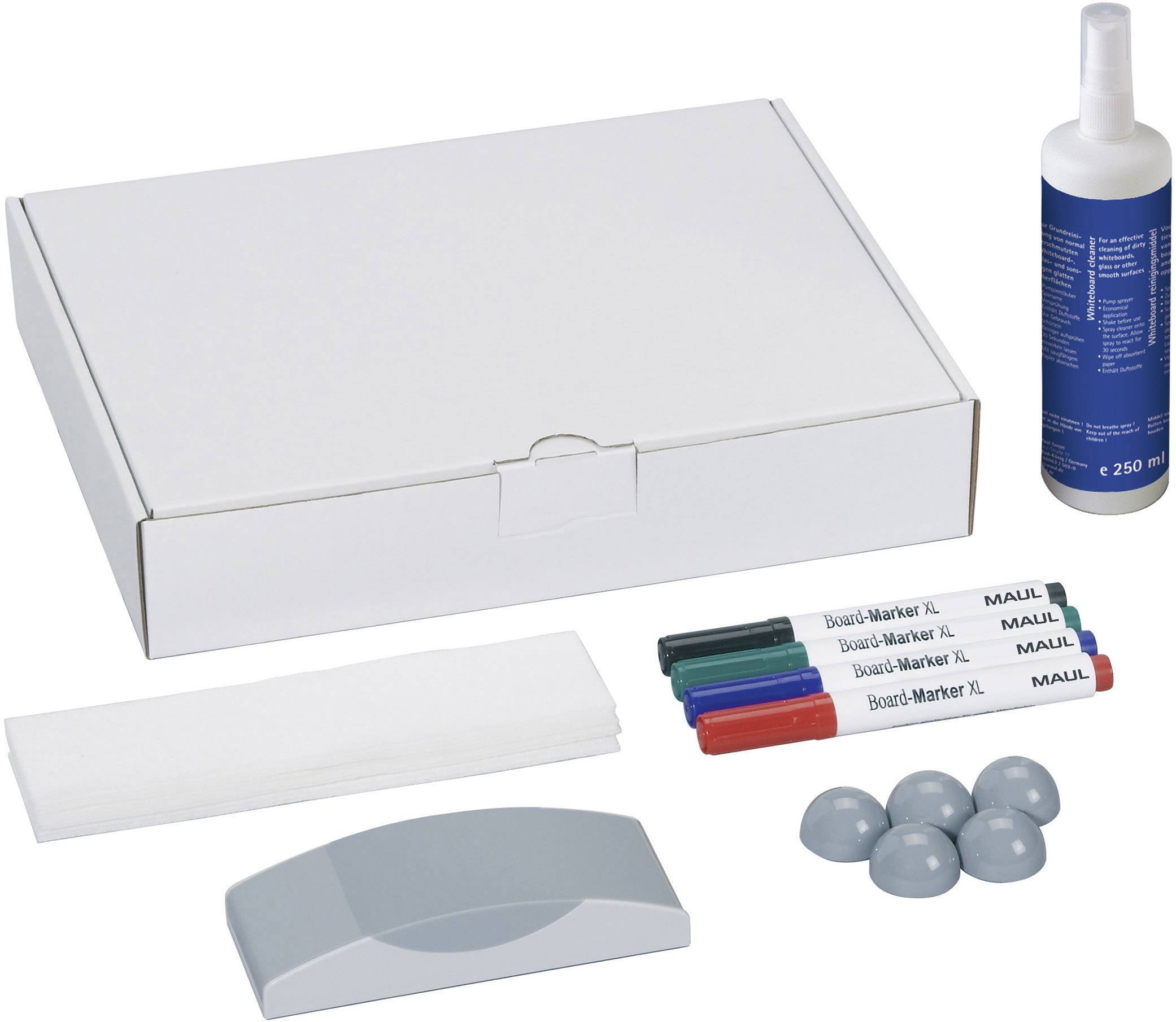 A whiteboard accessory set with a box, four coloured markers, a cloth, a sponge, six magnets and a bottle cleaner.