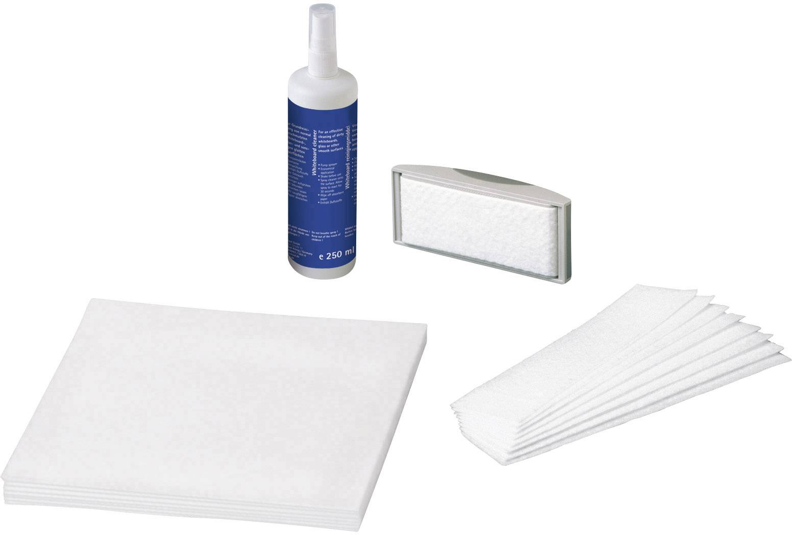 Cleaning kit comprising a spray bottle, a brush, and multiple cleaning wipes, designed for the care of electronic screens.