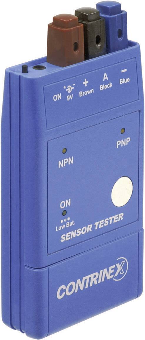 A blue sensor tester with three connections: brown, black, and blue. Labelled 'ON', '9V', 'NPN', 'PNP'. Brand: Contrinex.