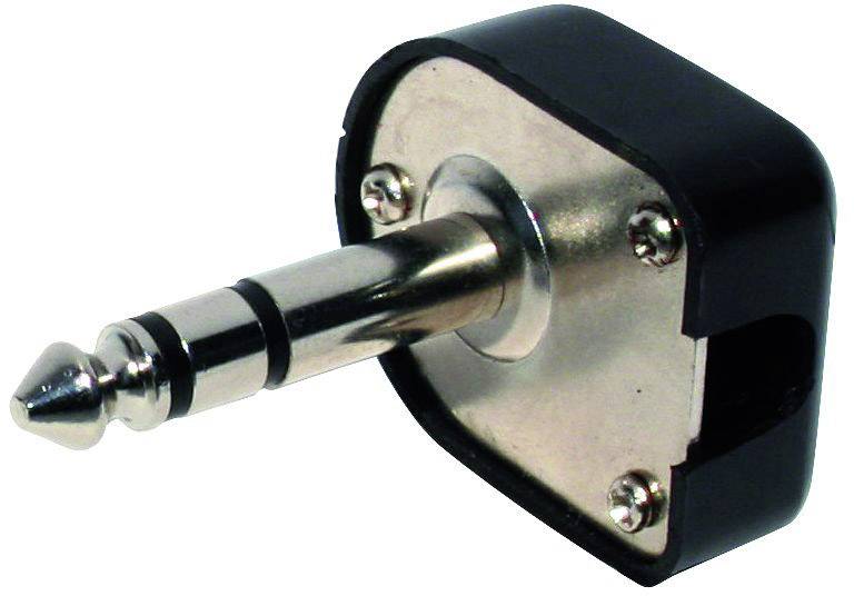 A metal jack plug with a black plastic cover on a white background.