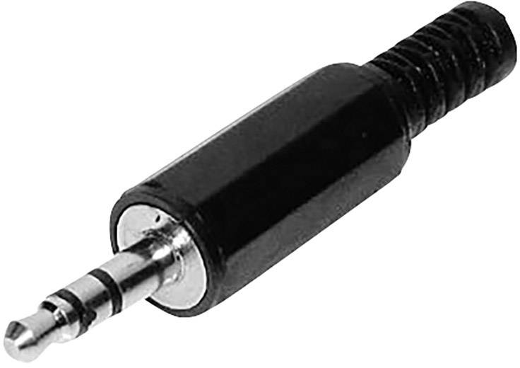 A black 3.5-mm jack plug, used for audio connections in headphones or speakers.