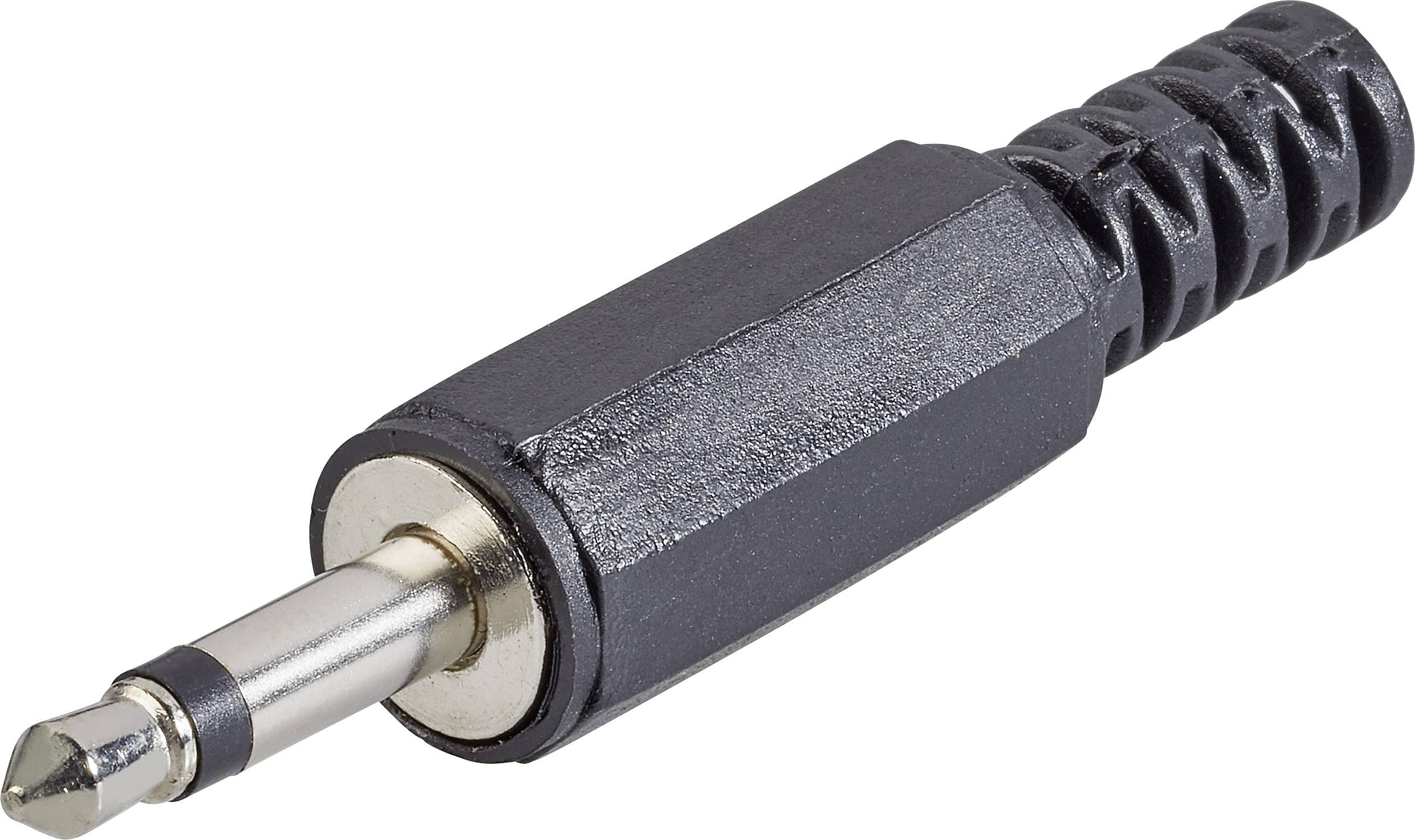 Black 3.5-mm audio jack with metal tip, suitable for connecting headphones or speakers to audio sources.