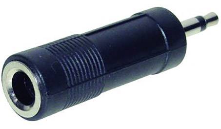 A black audio adapter plug with a 3.5mm jack socket on a white surface.