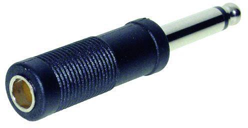 A black jack adapter with a male 6.35 mm plug and female 3.5 mm socket for connecting audio devices.