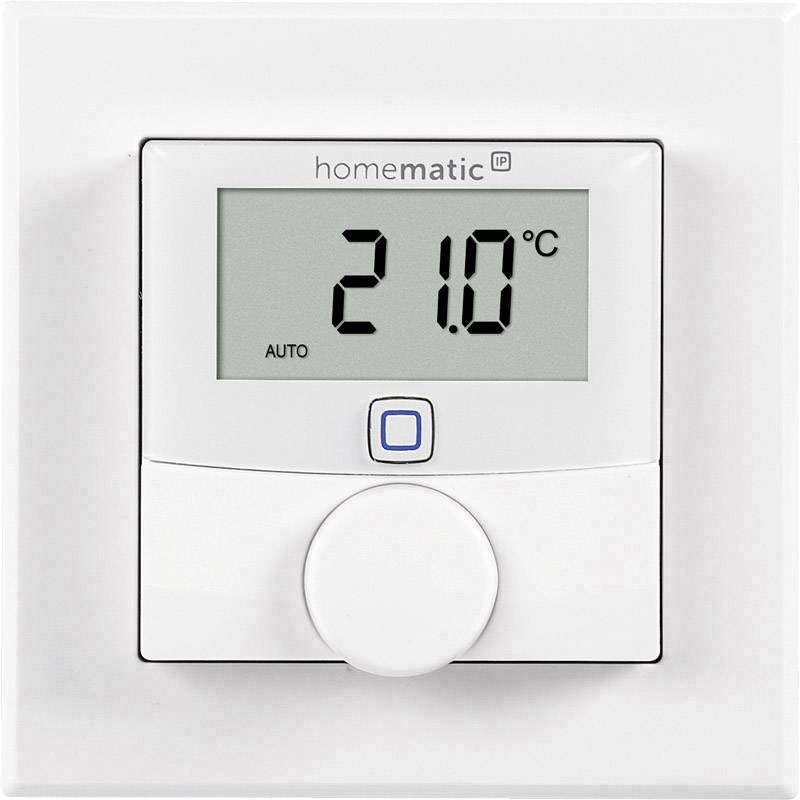 Thermostat with display reading '21.0°C', with a button and a rotary dial underneath. Brand label 'homematic IP'.