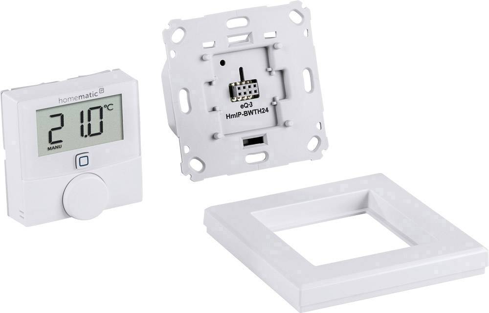 Thermostat device with rectangular display showing '21.0°C'. Mounting plate and frame are pictured alongside.