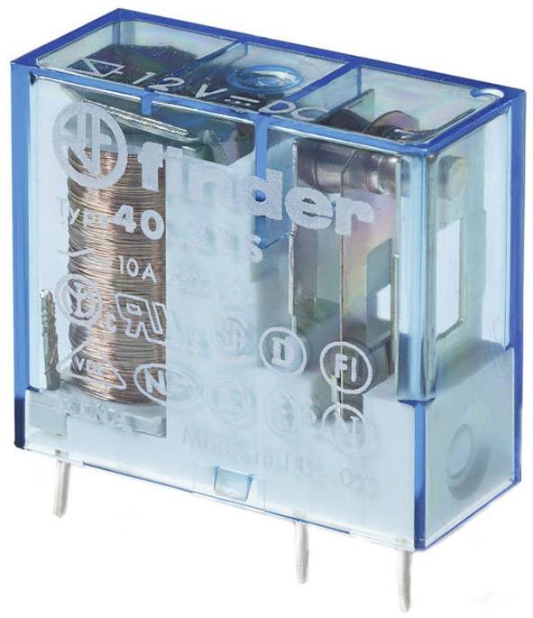 Finder Relay 40.31, 12 V, 10 A, 4-Pin. Transparent housing shows copper coil and contacts. Used in electronic circuits.