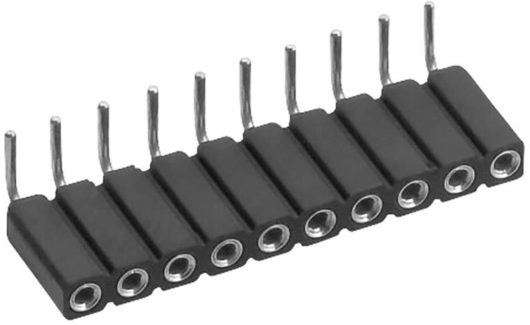 A black pin header strip with ten pins, suitable for electronic applications.